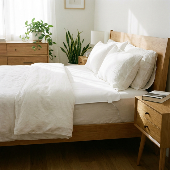 Eine unauffällige weiße Sensormatte, die teilweise unter der Matratze eines ordentlich gemachten Bettes hervorschaut. Helles, freundliches und aufgeräumtes Schlafzimmer.