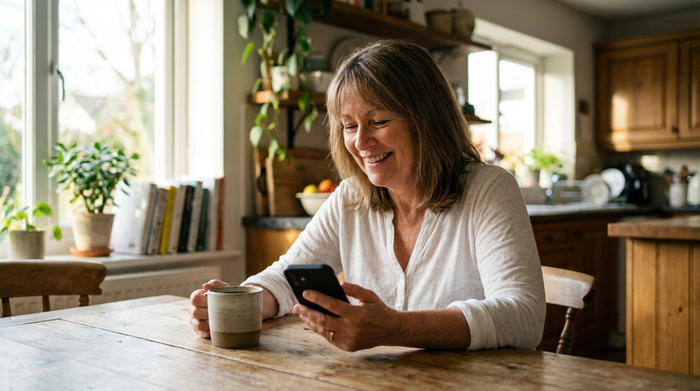 Eine lächelnde Frau mittleren Alters schaut entspannt auf ihr Smartphone, während sie an einem Küchentisch eine Tasse Kaffee trinkt. Im Hintergrund unscharf eine gemütliche, sonnige Küche.
