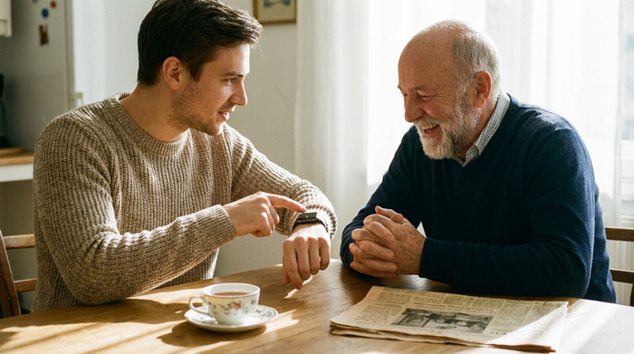 Ein geduldiger jüngerer Mann erklärt seinem lächelnden Großvater eine neue Smartwatch. Beide sitzen gemeinsam an einem hellen Holztisch, familiäre und vertrauensvolle Stimmung, keine sichtbaren Bildschirminhalte.