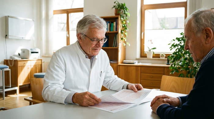 Ein freundlicher, älterer Arzt im weißen Kittel sitzt im Sprechzimmer und betrachtet aufmerksam ausgedruckte Papiere, während ein Senior ihm aufmerksam zuhört. Professionelle, helle Praxisatmosphäre.