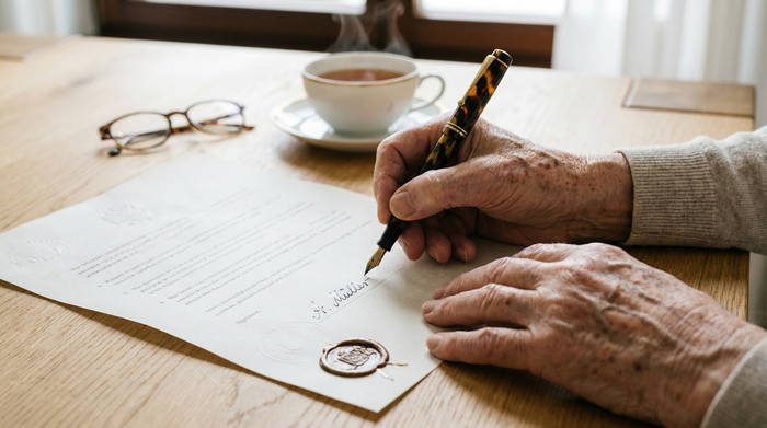 Zwei ältere Hände, die behutsam ein offizielles Dokument mit einem edlen Füllfederhalter unterschreiben. Im Hintergrund steht unscharf eine Tasse Tee auf einem hellen Holztisch.