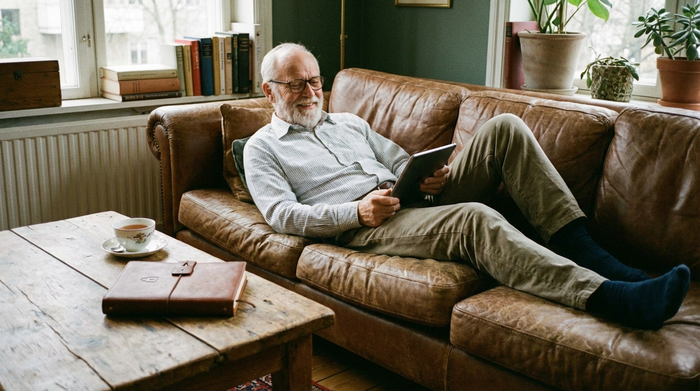 Ein älterer Herr sitzt entspannt mit einem Tablet auf dem Sofa. Neben ihm auf dem Tisch liegt ein geschlossenes Notizbuch mit einem dezenten Schloss-Symbol auf dem Einband.