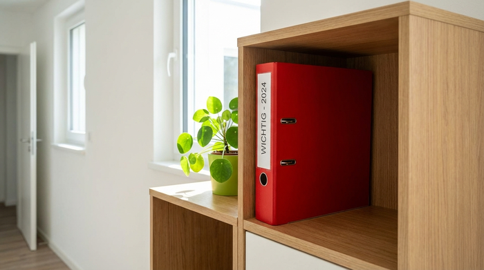 Ein auffälliger roter Ordner steht gut sichtbar und griffbereit in einem offenen, aufgeräumten Regal im Flur. Neben dem Ordner steht eine kleine, grüne Zimmerpflanze.