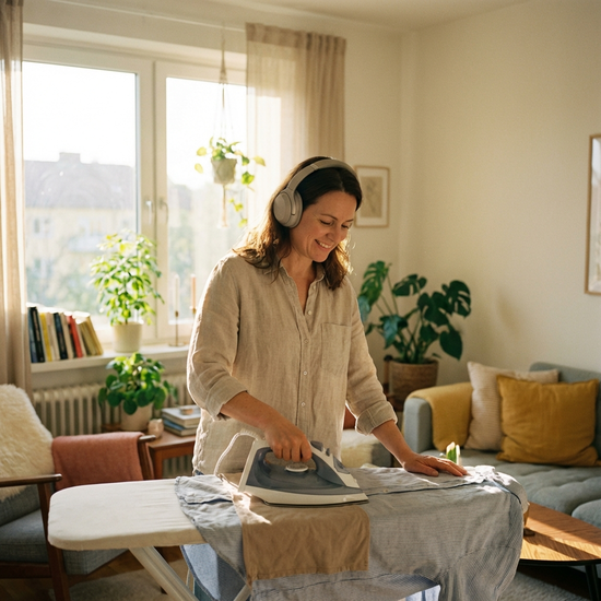 Eine Frau beim Bügeln im heimischen Wohnzimmer, die entspannt kabellose Kopfhörer trägt. Helles Tageslicht fällt durch das Fenster, aufgeräumte, freundliche Umgebung.