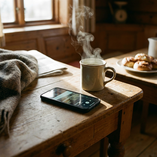 Ein Smartphone liegt auf einem hölzernen Küchentisch neben einer dampfenden Kaffeetasse, auf dem Bildschirm ist das verschwommene Bild eines Videos zu erkennen. Ruhige, gemütliche Atmosphäre.