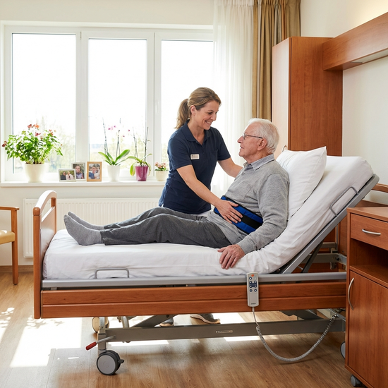 Eine professionelle Pflegekraft demonstriert an einem modernen Pflegebett einen rückenschonenden Handgriff bei einem älteren Herrn. Helles, freundliches Zimmer, realistische und würdevolle Pflegesituation.