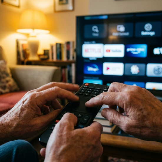 Eine Nahaufnahme von Händen, die intuitiv mit einer Fernbedienung auf einem Smart-TV-Menü navigieren. Im Hintergrund ein unscharfes, gemütliches Wohnzimmer.