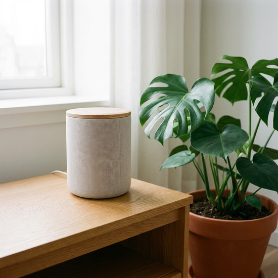 Ein moderner Smart-Speaker steht auf einem hölzernen Beistelltisch neben einer grünen Zimmerpflanze. Ästhetische, cleane Einrichtung mit weichem Lichteinfall.