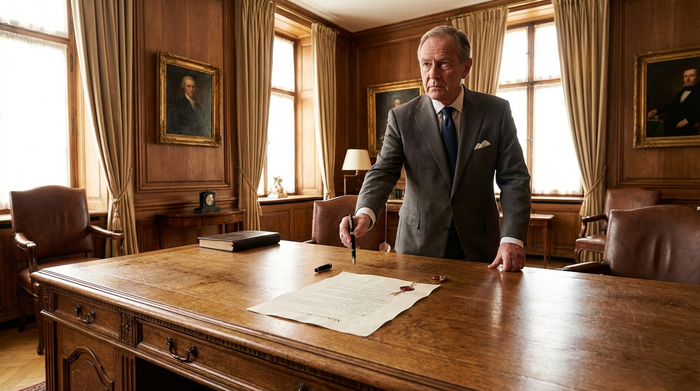 Ein seriöser Notar in einem eleganten Büro reicht einen edlen Füllfederhalter zur Unterschrift eines offiziellen Dokuments über einen massiven Holzschreibtisch.