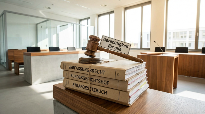 Ein hölzerner Richterhammer liegt auf einem Stapel dicker juristischer Akten in einem hell erleuchteten, modernen Gerichtssaal.