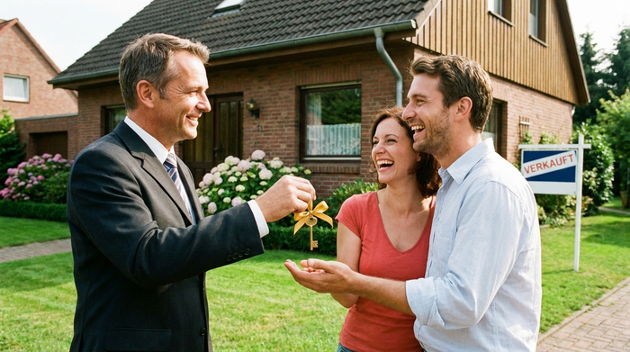 Ein freundlicher Immobilienmakler im Anzug übergibt einen glänzenden Hausschlüssel an ein lächelndes Paar vor einem gepflegten Einfamilienhaus mit grünem Vorgarten.
