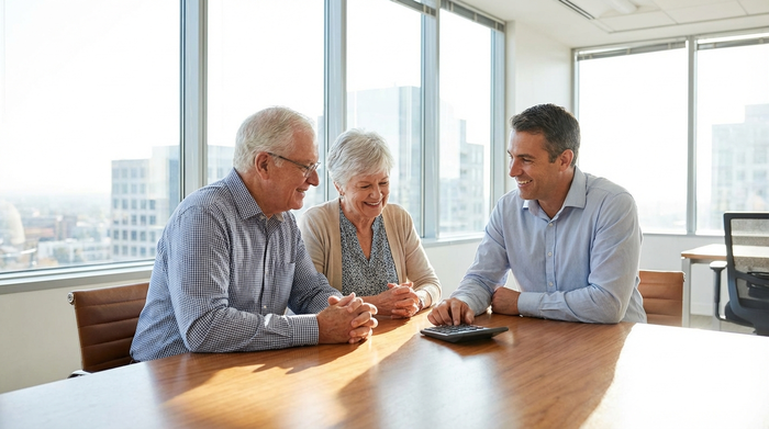 Ein älteres Ehepaar sitzt mit einem freundlichen Berater in einem modernen, hellen Büro. Sie blicken zuversichtlich auf einen Taschenrechner auf dem Tisch. Professionelle Umgebung, fotorealistisch, ohne Text.