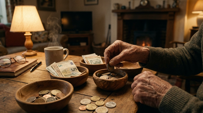 Eine Nahaufnahme von Händen einer älteren Person, die sorgfältig Münzen und Geldscheine in kleine Holzschalen sortiert. Warme Beleuchtung, gemütliche Atmosphäre, fotorealistisch.