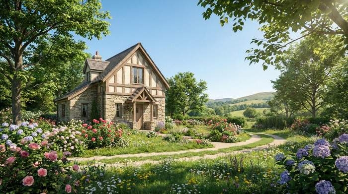 Ein idyllisches, gepflegtes Einfamilienhaus im Grünen mit einem blühenden Vorgarten an einem sonnigen Tag. Im Hintergrund blauer Himmel. Fotorealistisch, ohne Text.