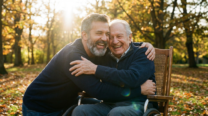 Ein Vater in den Fünfzigern umarmt liebevoll seinen älteren Vater im Rollstuhl in einem sonnendurchfluteten Park. Beide lachen herzlich. Natürliches Licht, fotorealistisch.