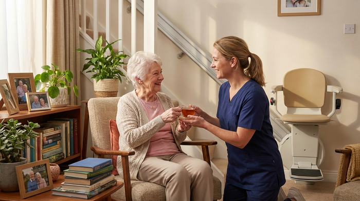Eine freundliche Pflegekraft reicht einer lächelnden Seniorin in deren eigenem, gemütlichen Zuhause eine Tasse Tee. Im Hintergrund ist ein Treppenlift dezent an der Wand zu erkennen. Fotorealistisch.