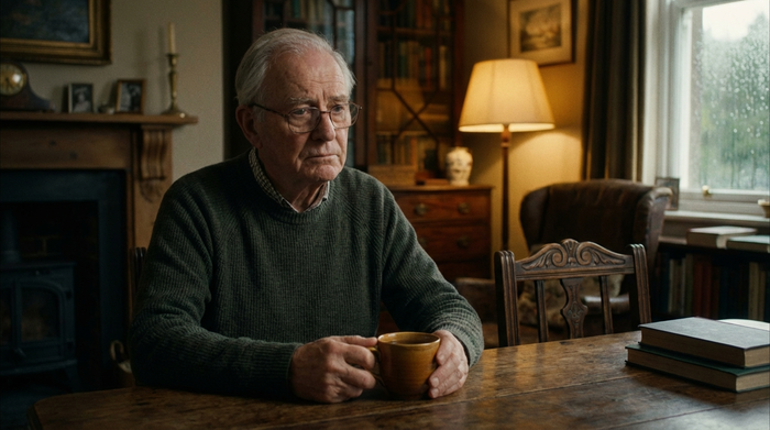 Ein nachdenklicher älterer Herr mit Lesebrille, der an einem Holztisch sitzt und eine warme Tasse Tee in beiden Händen hält. Sanftes, gedimmtes Licht, ruhige und leicht melancholische Stimmung im Raum.