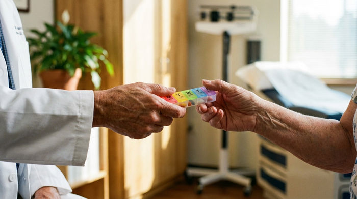 Eine ärztliche Hand in einem weißen Kittel, die behutsam einen kleinen, farblich markierten Medikamenten-Dispenser an eine ältere Patientin überreicht. Heller, freundlicher Behandlungsraum im unscharfen Hintergrund.