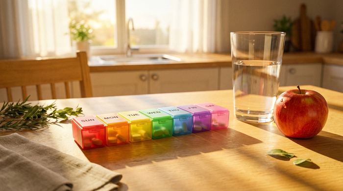 Ein übersichtlicher, farbenfroher Tablettenspender auf einem hellen Küchentisch neben einem großen Glas Wasser und einem frischen roten Apfel. Die warme Morgensonne scheint durch das Fenster auf den Tisch.