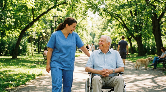 Eine freundliche Pflegekraft in blauer Berufskleidung, die gemeinsam mit einem lachenden Senioren im Rollstuhl einen sonnigen Parkweg entlang spaziert. Grüne Bäume und eine fröhliche, entspannte Atmosphäre.