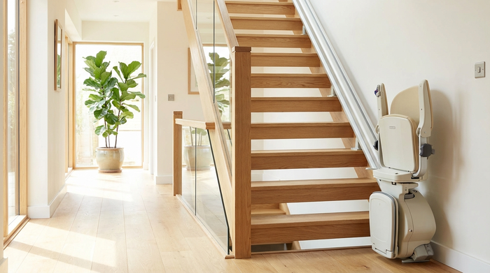 Eine moderne, barrierefreie Holztreppe in einem hellen Einfamilienhaus, ausgestattet mit einem eleganten, unauffälligen Treppenlift. Im Hintergrund ist ein lichtdurchfluteter Flur mit einer grünen Zimmerpflanze zu sehen.