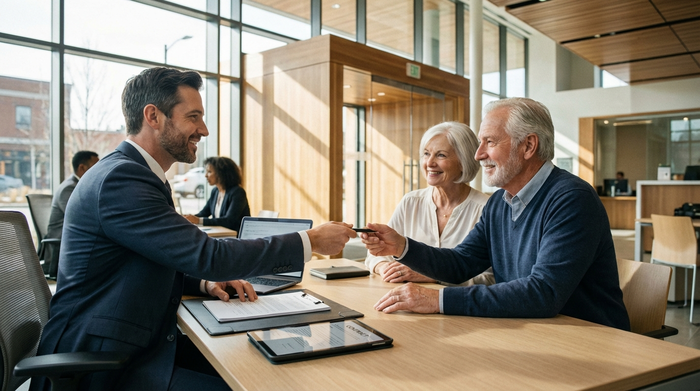Ein freundlicher Bankberater in einem schicken Anzug sitzt an einem aufgeräumten Schreibtisch in einer modernen Filiale und reicht einem älteren Ehepaar einen Stift zur Unterschrift. Helle, professionelle und seriöse Umgebung.