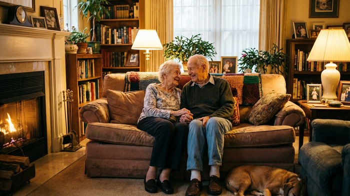 Ein älteres Ehepaar hält sich liebevoll an den Händen, während sie auf einem bequemen Sofa in einem gemütlichen Wohnzimmer sitzen. Im Hintergrund brennt ein warmes Licht.
