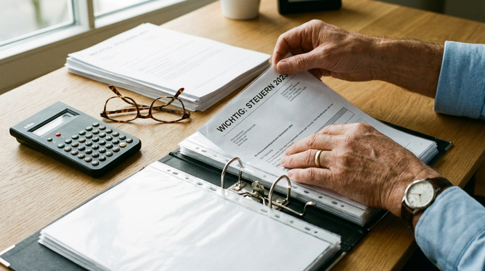 Eine Nahaufnahme von Händen, die sorgfältig wichtige Dokumente in einem ordentlichen Aktenordner abheften. Auf dem Schreibtisch liegen ein Taschenrechner und eine Brille. Fokussierte, aufgeräumte Szene.