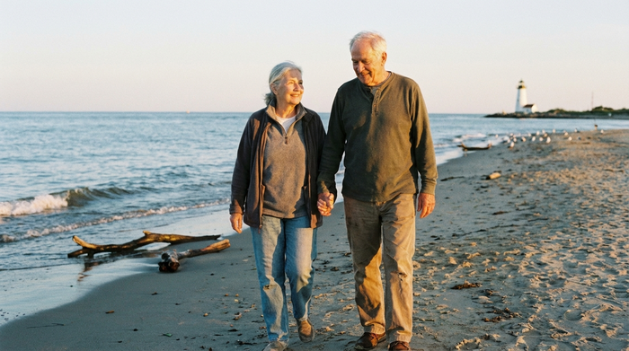 Ein älteres Ehepaar geht Hand in Hand an einem ruhigen Strand spazieren. Die Stimmung ist friedlich und sicher, sanftes Abendlicht beleuchtet die Szene.