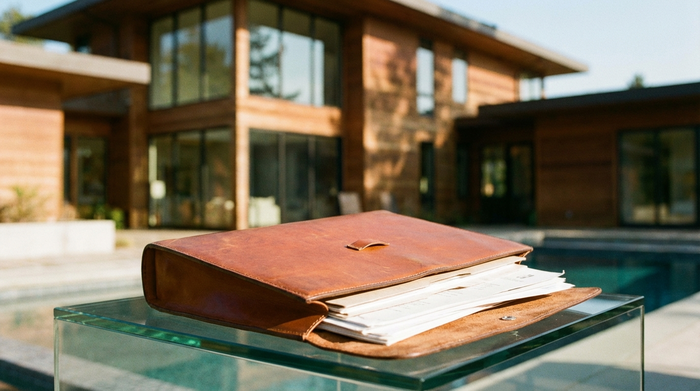 Eine stilvolle Ledermappe mit Dokumenten liegt auf einem modernen Glastisch. Im Hintergrund sieht man unscharf ein großes, modernes Einfamilienhaus im Sonnenlicht.