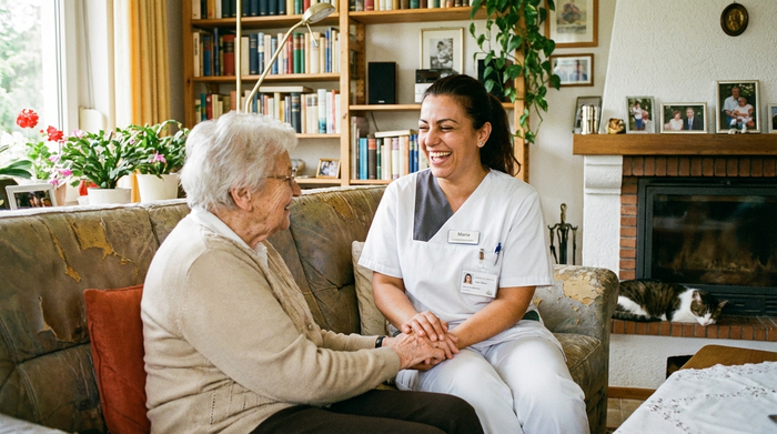 Eine freundliche Pflegekraft unterhält sich lachend mit einer älteren Dame im gemütlichen Wohnzimmer. Die Atmosphäre ist herzlich, vertraut und absolut professionell.