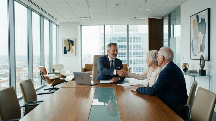 Ein seriöser Notar in einem gut geschnittenen Anzug reicht einem älteren Paar über einen großen Konferenztisch hinweg lächelnd die Hand. Hell erleuchtetes, modernes Büro.