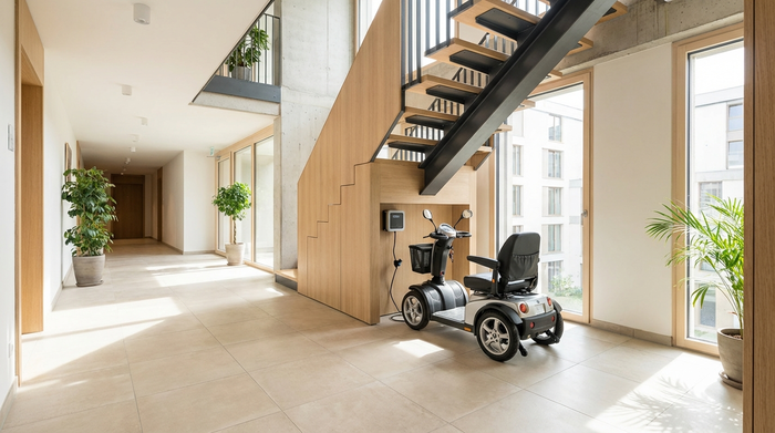 Ein breiter, heller Hausflur in einem modernen Mehrfamilienhaus. Ein kompaktes Elektromobil steht ordentlich in einer Nische unter der Treppe, ohne den Durchgang zu blockieren. Große Fenster lassen Tageslicht herein, der Boden besteht aus hellen Fliesen.