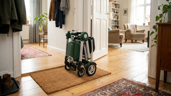 Ein kleines, faltbares Elektromobil steht auf einer sauberen Schmutzfangmatte im Eingangsbereich einer gemütlich eingerichteten Wohnung. Im Hintergrund sieht man einen hellen Holzfußboden und eine offene Wohnzimmertür.