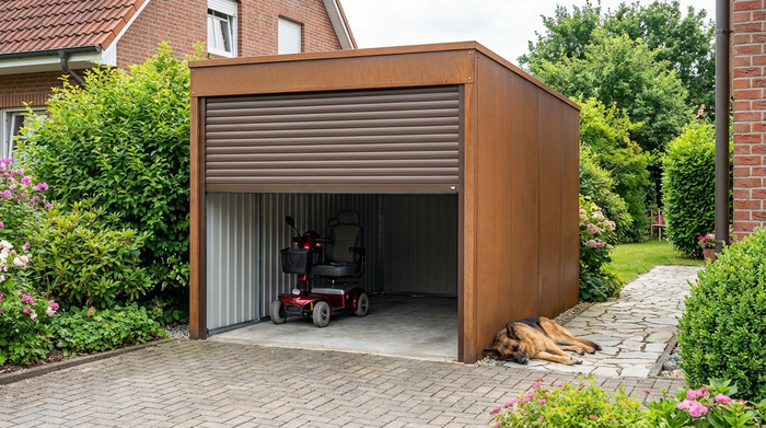 Eine robuste, abschließbare Mini-Garage aus hochwertigem Metall steht in einem gepflegten Vorgarten neben einer gepflasterten Auffahrt. Das Rolltor der Box ist halb geöffnet und zeigt ein sicheres, trockenes Inneres für ein Seniorenmobil. Umgeben von grünen Büschen.