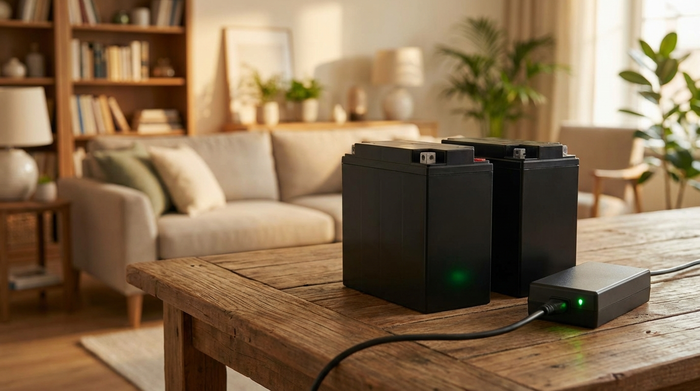 Zwei saubere, schwarze Batterieblöcke eines Elektromobils stehen auf einem Holztisch in einem warmen, gut beleuchteten Raum. Ein Ladegerät ist angeschlossen, eine kleine grüne Leuchte leuchtet. Im Hintergrund ist unscharf ein gemütliches Wohnzimmer zu erkennen.