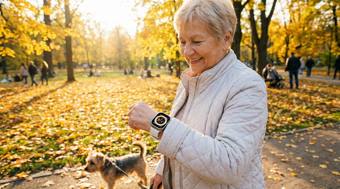 Eine rüstige Seniorin in einer leichten Jacke spaziert an einem sonnigen Herbsttag mit einem kleinen Hund durch einen Park. Am Handgelenk trägt sie gut sichtbar eine moderne Smartwatch mit einem großen, hellen Display.