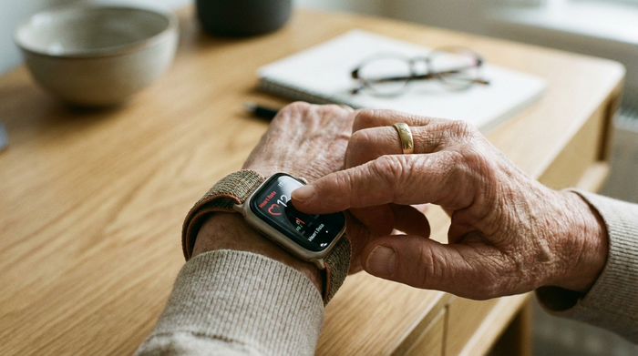 Nahaufnahme einer älteren Hand, die sanft mit dem Zeigefinger den Bildschirm einer Smartwatch berührt. Die Uhr hat ein breites, komfortables Stoffarmband. Im Hintergrund ist unscharf ein aufgeräumter Holztisch zu erkennen.