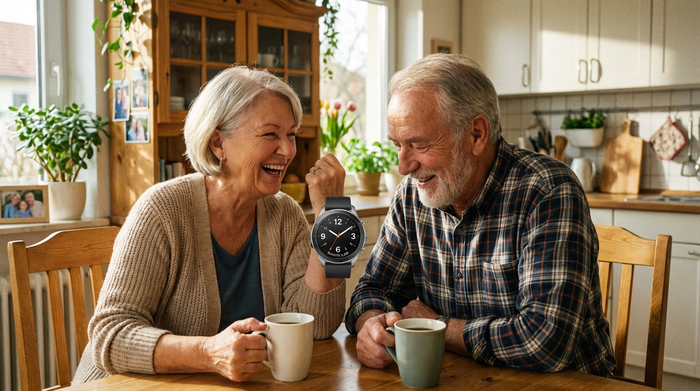 Ein älteres Ehepaar sitzt lachend am Küchentisch bei einer Tasse Kaffee. Die Frau zeigt ihrem Mann stolz die große, gut lesbare Smartwatch an ihrem Arm, während er interessiert zuschaut.