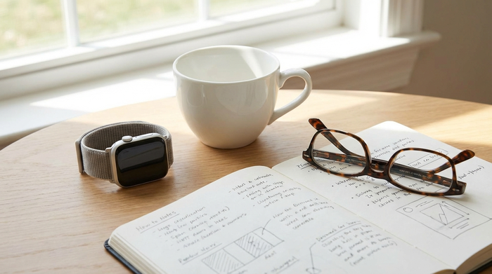Eine moderne Smartwatch liegt neben einer weißen Teetasse und einer Lesebrille auf einem aufgeschlagenen Notizbuch auf einem hellen Holztisch. Die Szene wirkt ruhig und aufgeräumt.