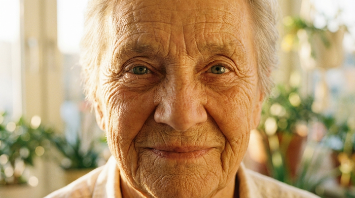 Eine detailreiche Nahaufnahme eines älteren, freundlichen Gesichts im weichen, warmen Licht. Die klaren Augen blicken aufmerksam, das Licht betont sanft die Textur der Haut und schafft eine ruhige, vertrauensvolle Stimmung in einem hellen Raum.