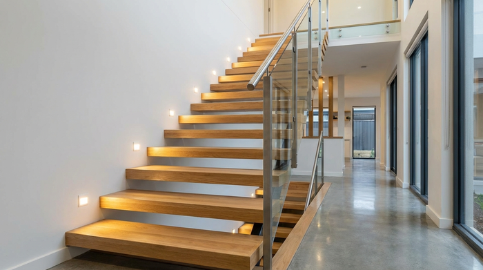 Eine moderne Holztreppe in einem gut ausgeleuchteten Flur. Kleine, warmweiße LED-Leuchten sind elegant auf Knöchelhöhe in die Wand eingelassen und beleuchten jede Stufe perfekt, ohne harte Schatten auf die Trittflächen zu werfen.