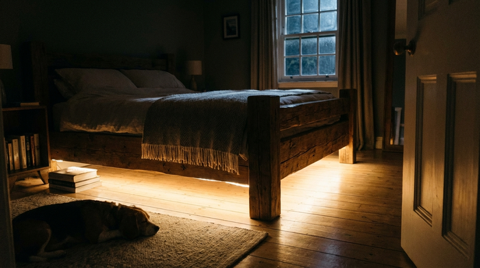 Ein gemütliches Schlafzimmer bei Nacht. Unter dem Holzbett leuchtet ein sanftes, warmes LED-Licht, das nur den Fußboden erhellt und einen sicheren Pfad zur Tür markiert, während der Rest des Raumes in beruhigendes Dunkel getaucht ist.