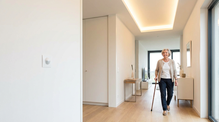 Ein heller, moderner Flur, in dem ein unauffälliger Bewegungsmelder an der weißen Wand installiert ist. Das Licht im Flur ist gleichmäßig und einladend, eine ältere Person geht sicher und selbstbewusst mit einem Gehstock hindurch.