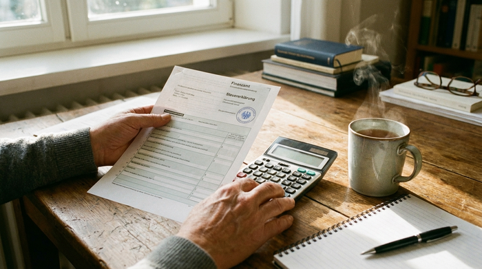 Ältere Hände halten sorgfältig ein offizielles Dokument und einen Taschenrechner auf einem gut beleuchteten Holztisch. Eine dampfende Tasse Tee steht daneben, die Atmosphäre ist ruhig, konzentriert und gut organisiert.