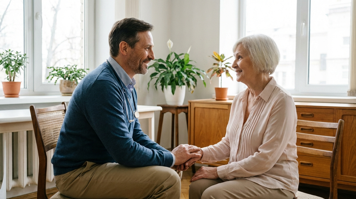 Ein fürsorglicher Arzt in einem hellen Behandlungszimmer unterhält sich mit einer aufmerksamen Seniorin. Beide lächeln, die Atmosphäre ist ruhig und vertrauensvoll.