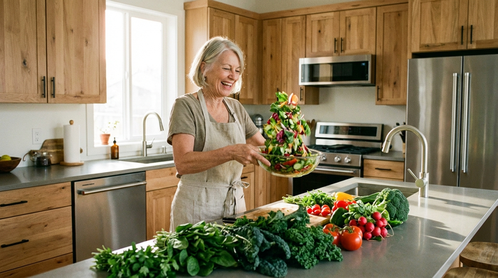 Eine rüstige Seniorin bereitet in einer modernen Küche einen frischen, bunten Salat mit viel grünem Gemüse zu. Sie wirkt glücklich und vital.