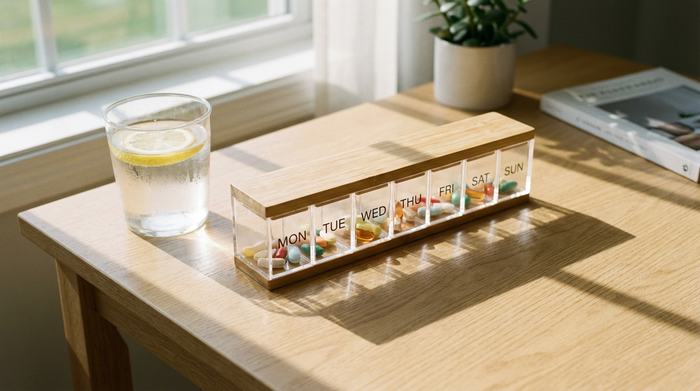 Eine moderne, übersichtliche Tablettenbox für sieben Tage liegt auf einem sauberen Holztisch neben einem frischen Glas Wasser im hellen Sonnenlicht.