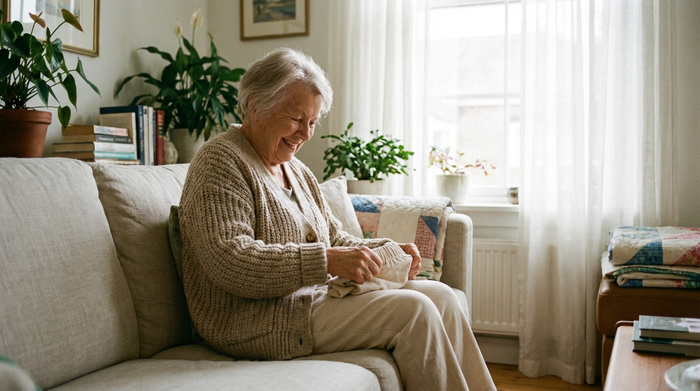 Eine ältere Dame sitzt auf einem hellen Sofa und befühlt lächelnd den weichen, elastischen Stoff ihrer neuen Baumwollhose. Das Tageslicht fällt sanft durch das Fenster und unterstreicht die gemütliche, sichere Atmosphäre.
