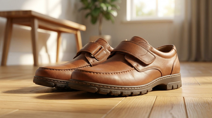 Nahaufnahme von eleganten, seniorengerechten Halbschuhen mit praktischem Klettverschluss und rutschfester Gummisohle. Die Schuhe stehen auf einem sauberen Parkettboden in einem gut beleuchteten Flur.